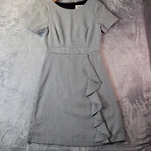 Eliza J Houndstooth Ruffle Front Sheath Dress Black White Size 2 Short Sleeve